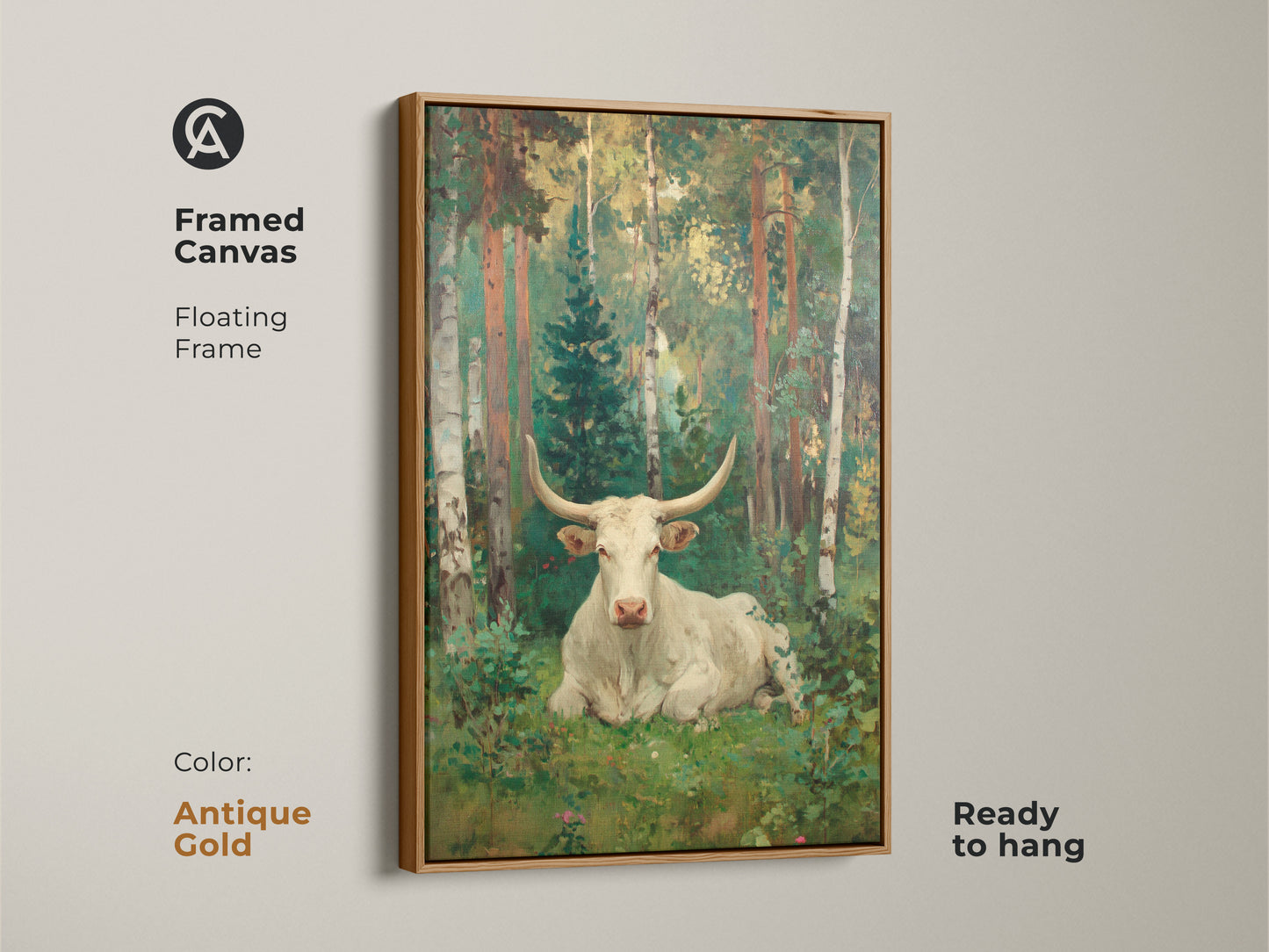 A framed canvas print presents a white longhorn bull resting in a forest. The antique gold floating frame enhances the vintage feel of this artwork. This piece is ready to hang adding a touch of elegance.