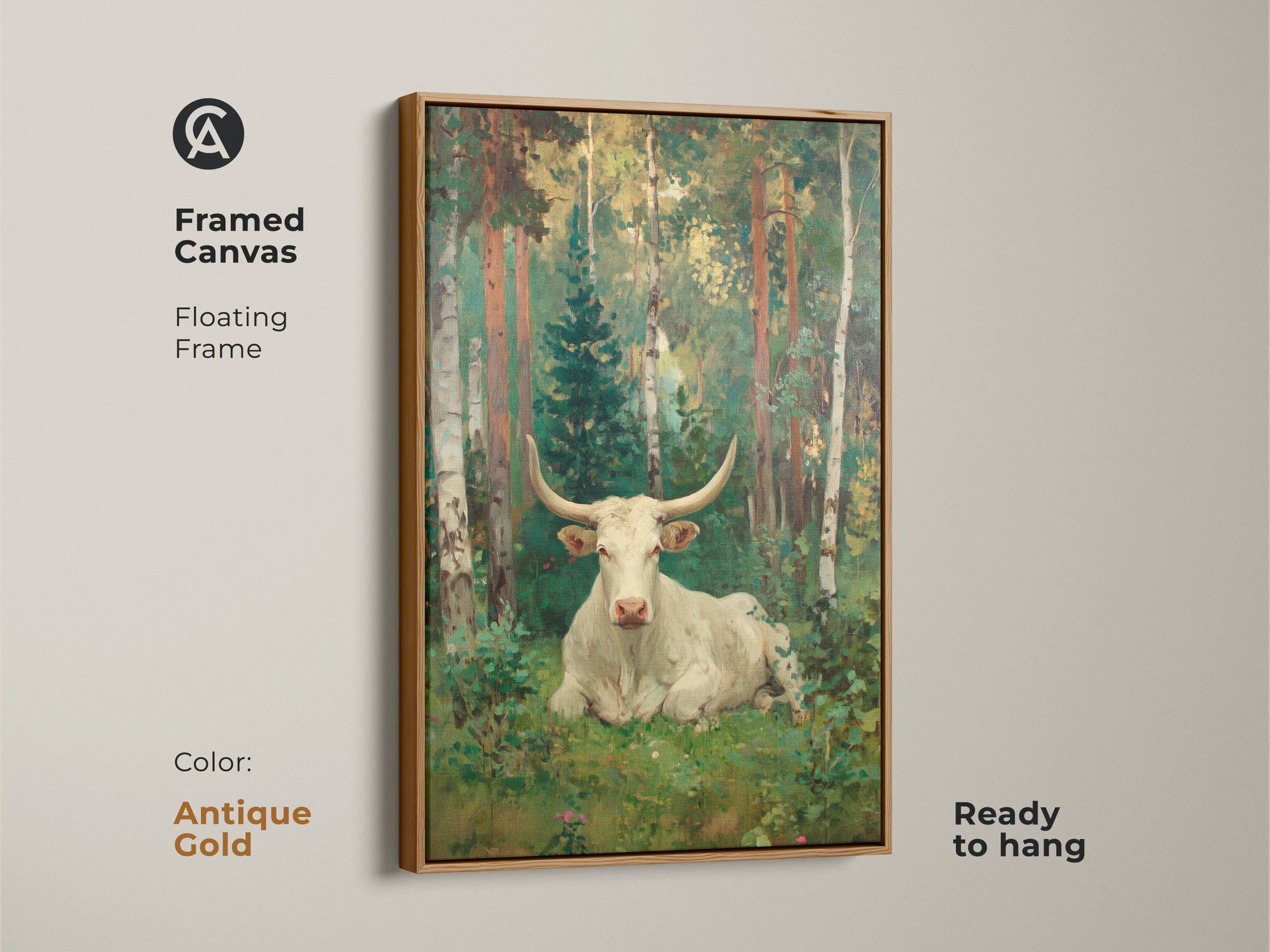 A framed canvas print presents a white longhorn bull resting in a forest. The antique gold floating frame enhances the vintage feel of this artwork. This piece is ready to hang adding a touch of elegance.