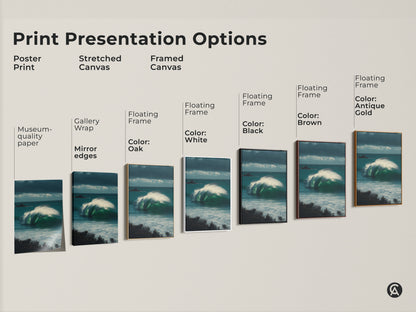 Explore Ocean Wave Canvas Art Presentation Options. Choose from poster prints stretched canvases or framed art. Each option showcases the deep blue and emerald green seascape.