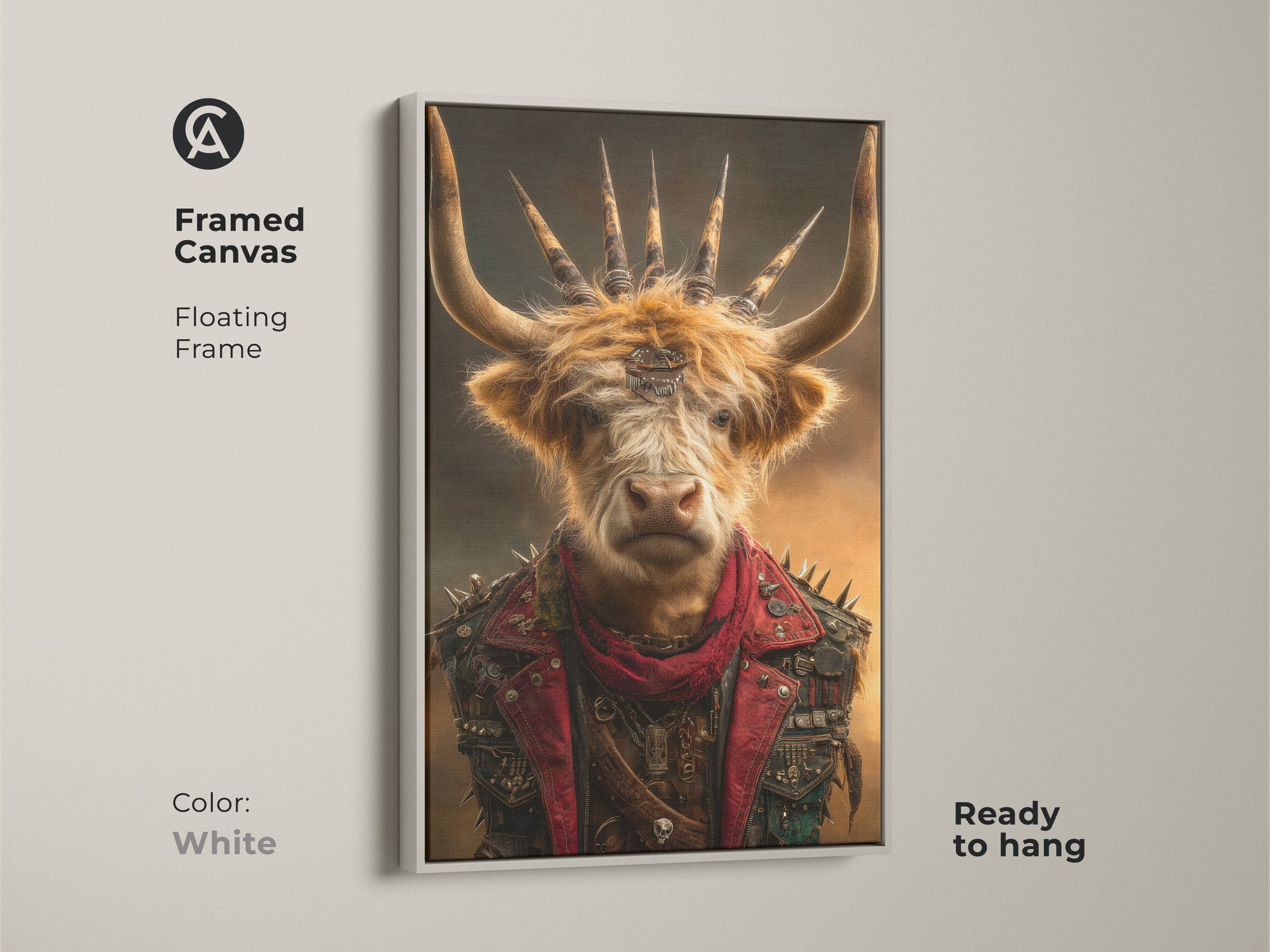 Framed Canvas Steampunk Highland Cow artwork with a floating white frame. This Gothic punk animal art print is ready to hang. The red brown colors create an eye catching display. This unique canvas adds an alternative style to any space. Ideal for a Steampunk gift.