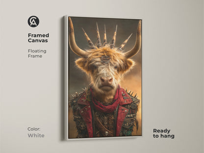 Framed Canvas Steampunk Highland Cow artwork with a floating white frame. This Gothic punk animal art print is ready to hang. The red brown colors create an eye catching display. This unique canvas adds an alternative style to any space. Ideal for a Steampunk gift.