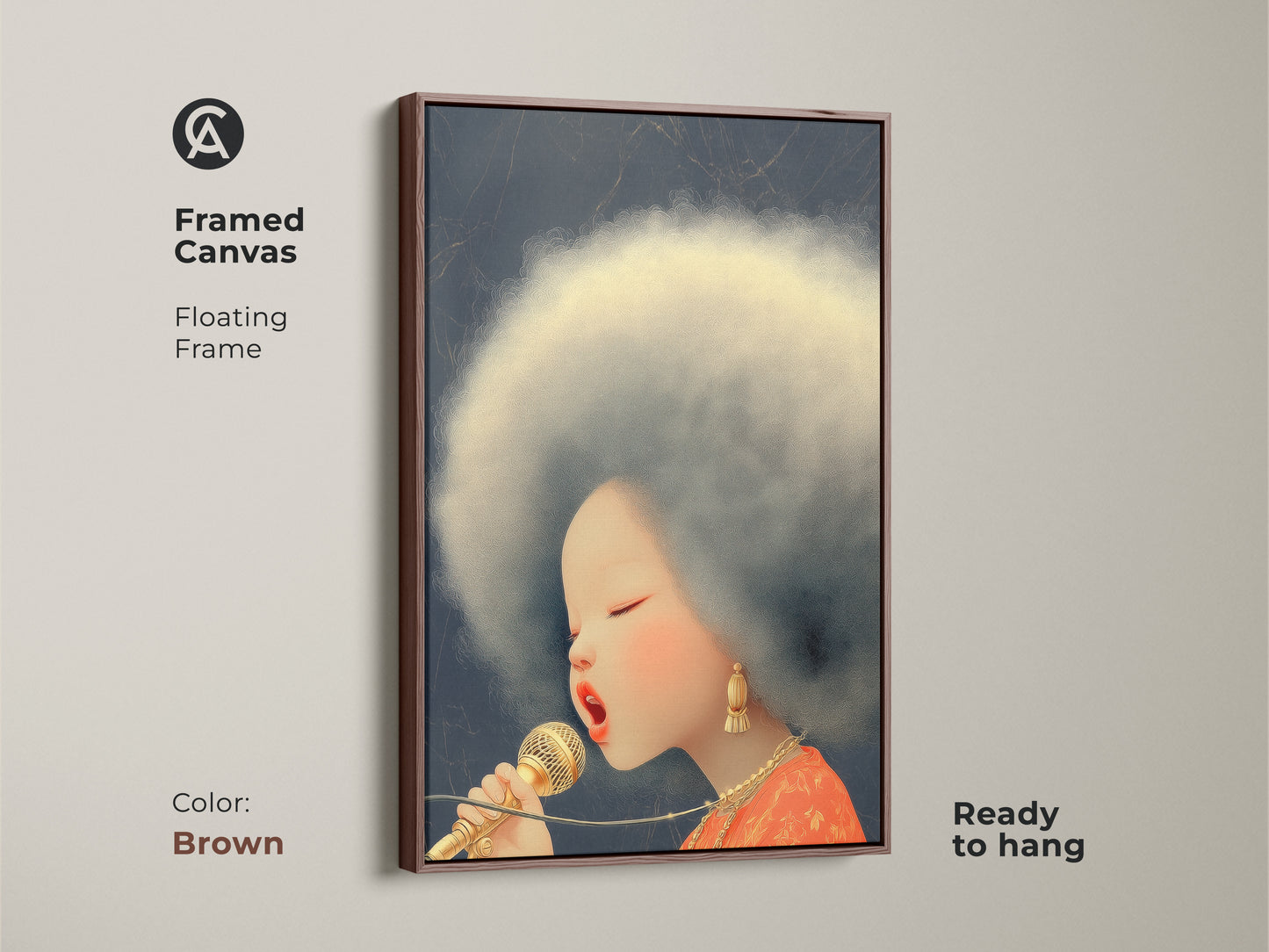 Behold the framed canvas art showcasing an Afro Singer with a retro microphone. The pop art portrait print offers eclectic music decor. The brown floating frame enhances its aesthetic. A must have for music enthusiasts.