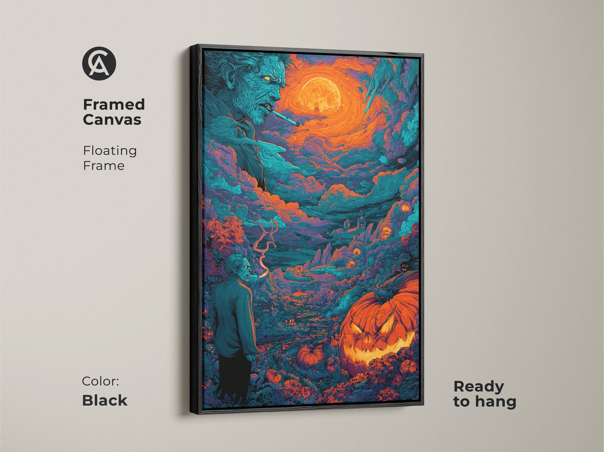 A framed canvas showcases Halloween artwork. The artwork features a spooky zombie and a glowing jack-o-lantern under a bright moon. This floating frame is black. It is ready to hang. Elevate your decor with this eerie art.