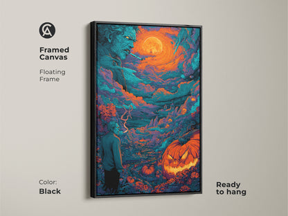 A framed canvas showcases Halloween artwork. The artwork features a spooky zombie and a glowing jack-o-lantern under a bright moon. This floating frame is black. It is ready to hang. Elevate your decor with this eerie art.