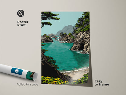 Poster print of a coastal landscape art piece rolled in a tube for easy framing. Features turquoise ocean and green rocky cliffs artwork. A serene landscape art nature gift for bedroom. Ideal bohemian wall hanging art.
