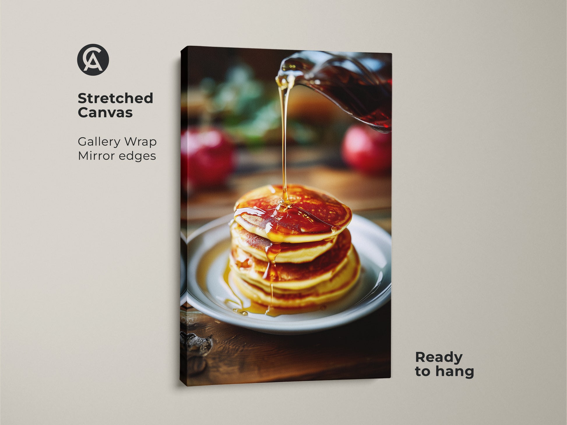 Stretched canvas art featuring pancakes with golden syrup. Gallery wrap with mirror edges. This food photography is ready to hang. It's perfect for kitchen decor. The amber hues create a warm breakfast nook. Great gift for foodies.