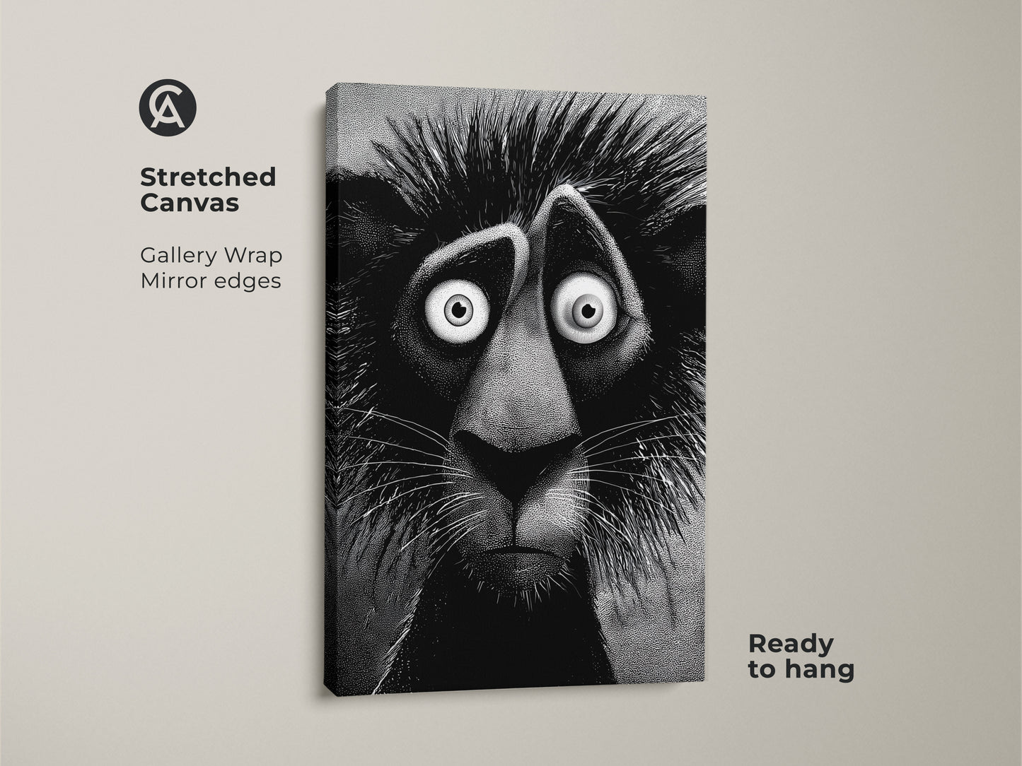 Stretched canvas lion artwork ready to hang. This gallery-wrapped artwork features mirror edges. The unique artwork features a stylized lion with an anxious expression. This art will add character and charm.