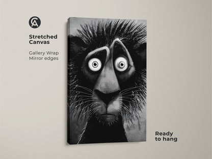 Stretched canvas lion artwork ready to hang. This gallery-wrapped artwork features mirror edges. The unique artwork features a stylized lion with an anxious expression. This art will add character and charm.