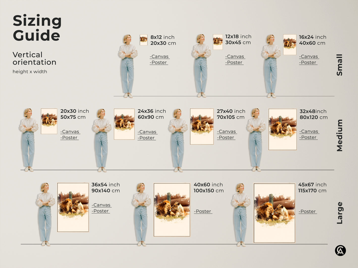 Sizing guide for watercolor lion and lioness canvas and poster prints. Find the perfect fit for your space. From small to large sizes this animal couple artwork in gold and brown tones enhances any room's decor.