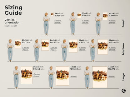 Sizing guide for watercolor lion and lioness canvas and poster prints. Find the perfect fit for your space. From small to large sizes this animal couple artwork in gold and brown tones enhances any room's decor.