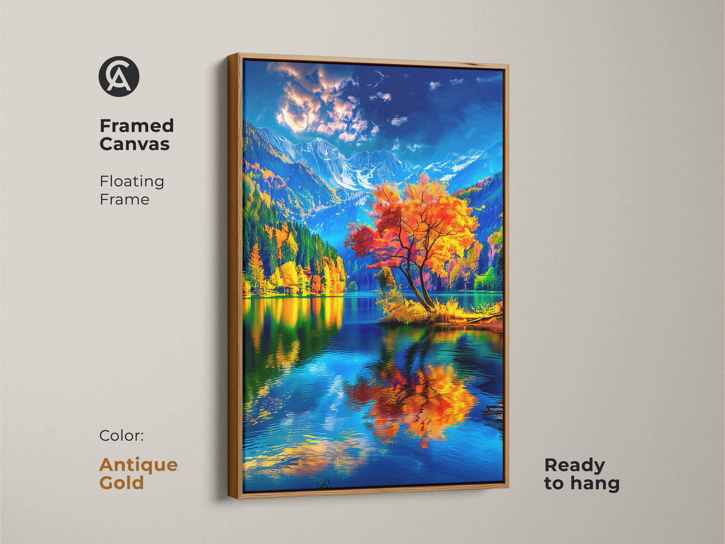 Bring a touch of luxury to your home with this framed canvas art. The antique gold floating frame complements the stunning autumn landscape. A bright orange tree is reflected in the serene lake. Ready to hang. This artwork adds sophistication and elegance to any space. Shop now to transform your home.