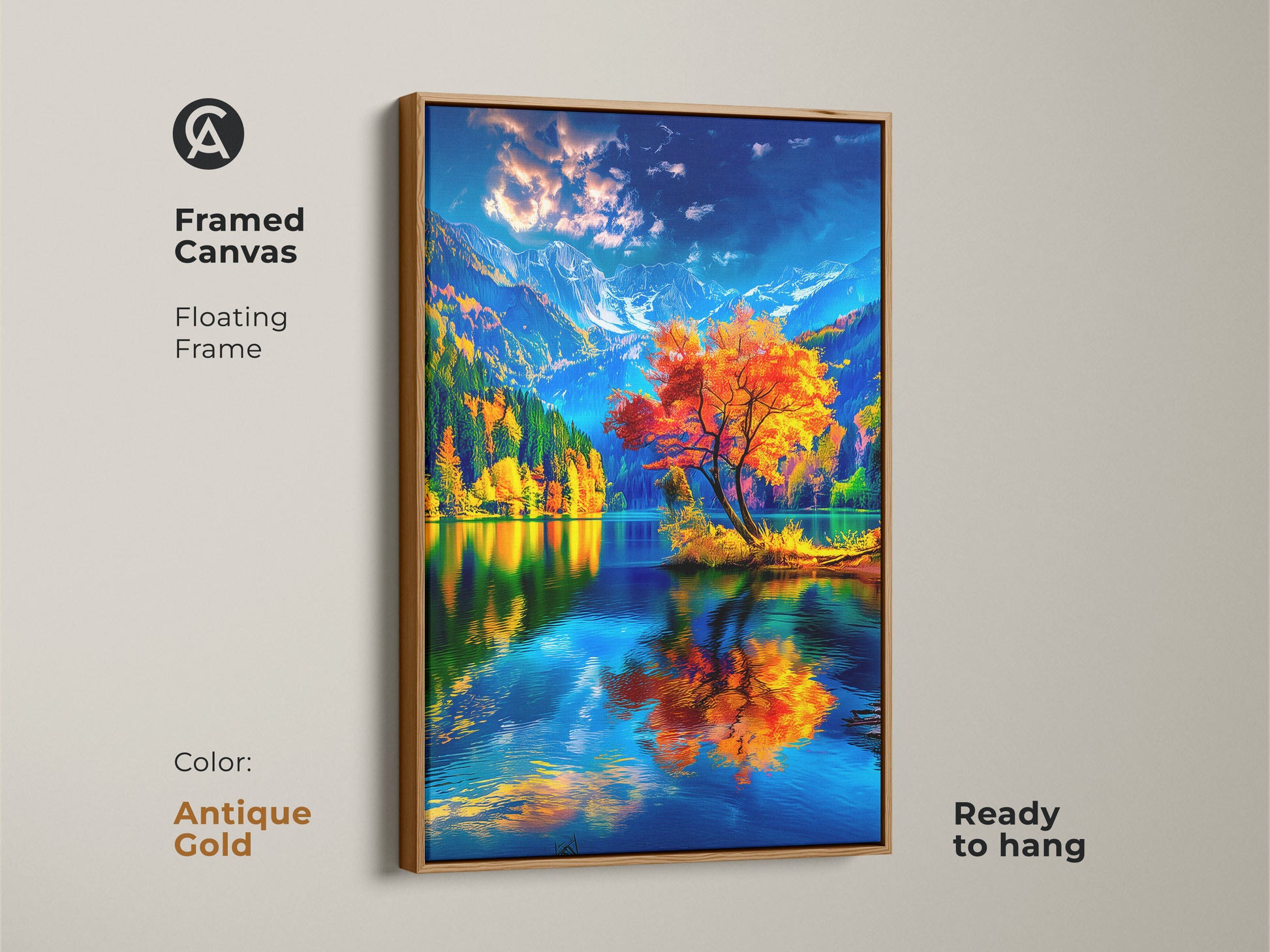 Bring a touch of luxury to your home with this framed canvas art. The antique gold floating frame complements the stunning autumn landscape. A bright orange tree is reflected in the serene lake. Ready to hang. This artwork adds sophistication and elegance to any space. Shop now to transform your home.
