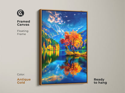Bring a touch of luxury to your home with this framed canvas art. The antique gold floating frame complements the stunning autumn landscape. A bright orange tree is reflected in the serene lake. Ready to hang. This artwork adds sophistication and elegance to any space. Shop now to transform your home.