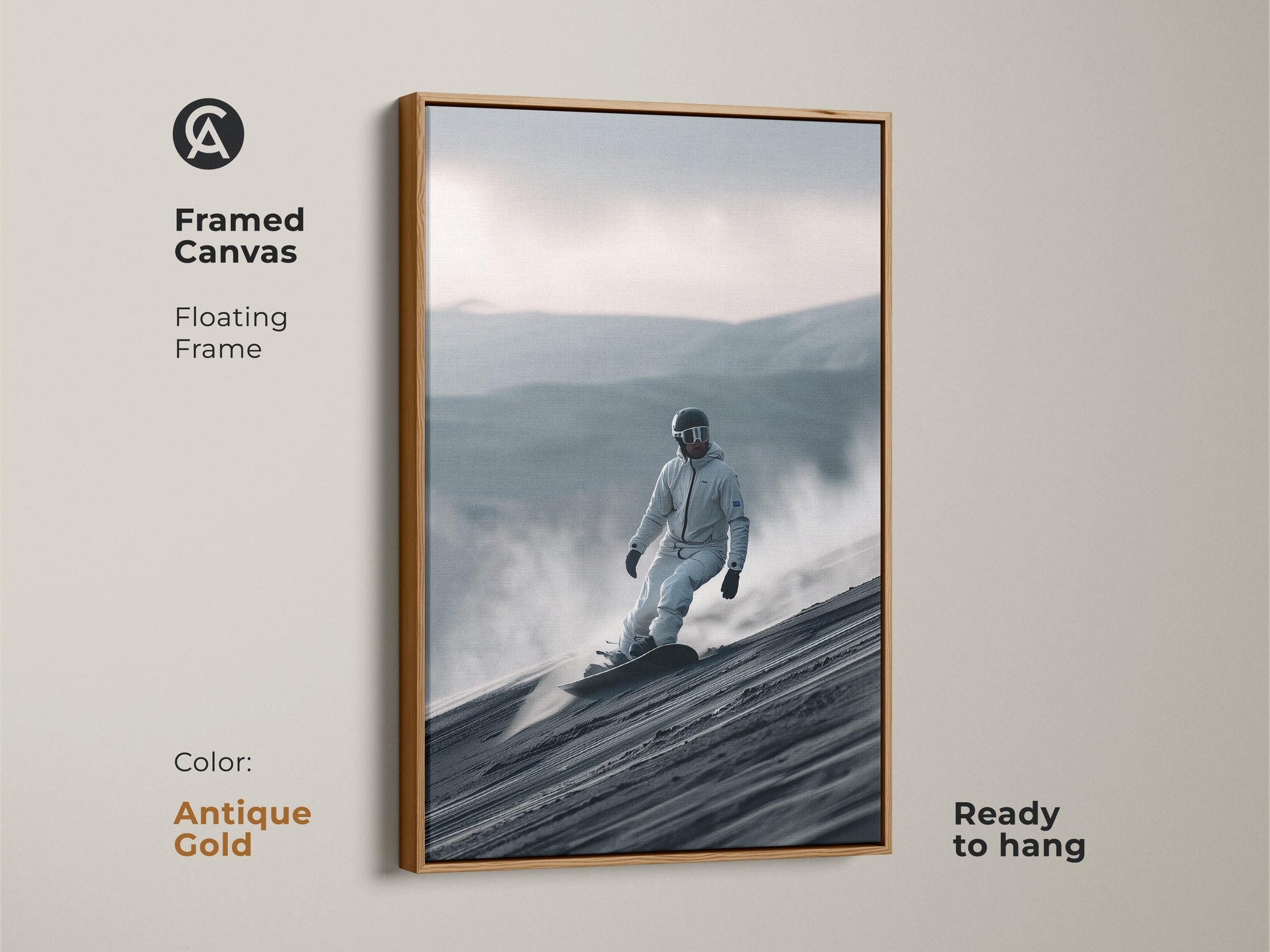 Antique gold framed canvas artwork with a snowboarder. The floating frame enhances the art. This ready-to-hang piece shows a snowboarder gliding down a dune. Ideal for adding warmth to your decor. A stunning visual.