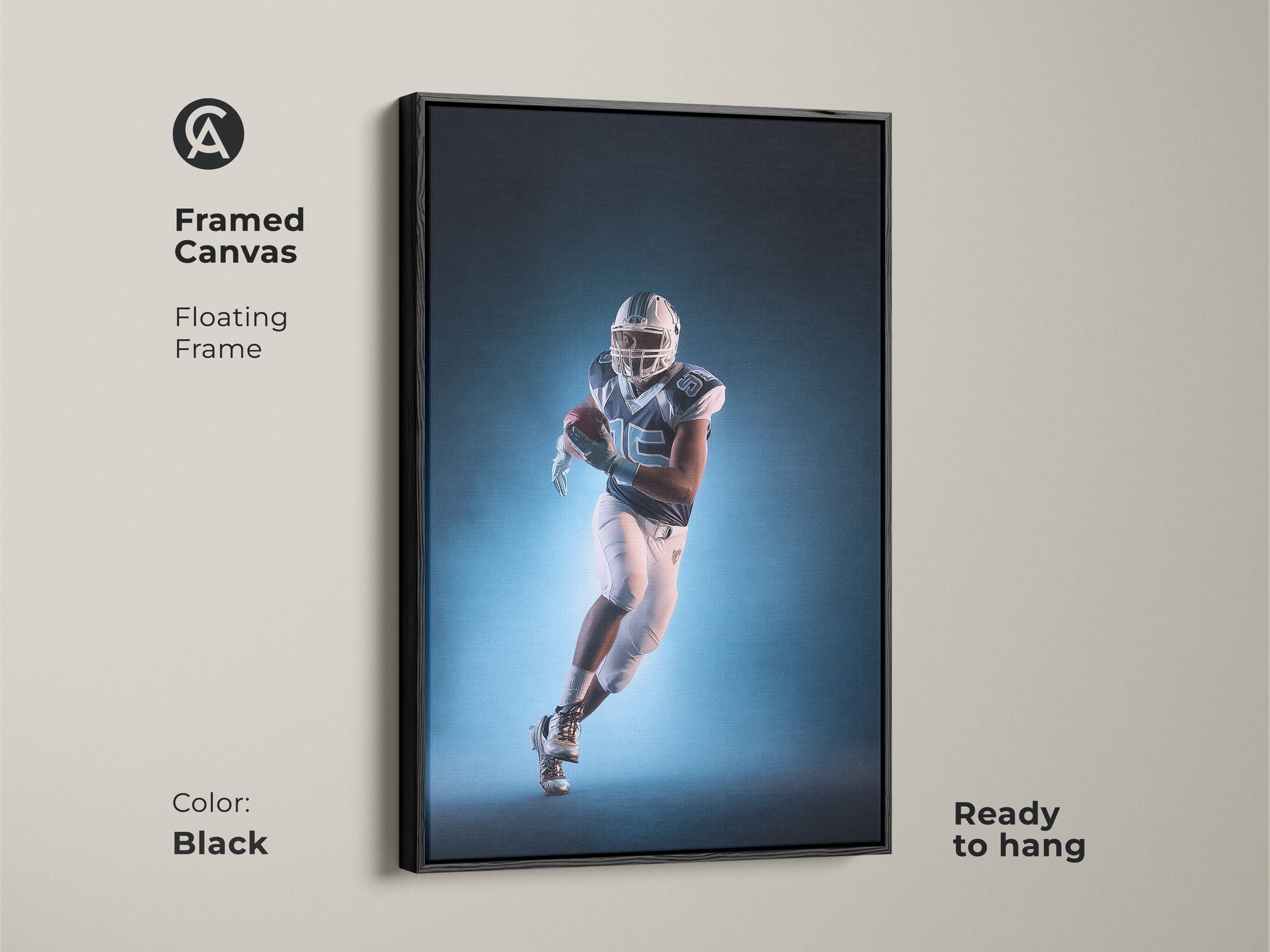 A framed canvas with floating frame features an American Football player. The contemporary teal and white sports artwork is ready to hang. The black frame adds a modern athletic vibe. It's a fantastic gift for sports fans.