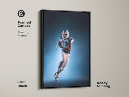 A framed canvas with floating frame features an American Football player. The contemporary teal and white sports artwork is ready to hang. The black frame adds a modern athletic vibe. It's a fantastic gift for sports fans.