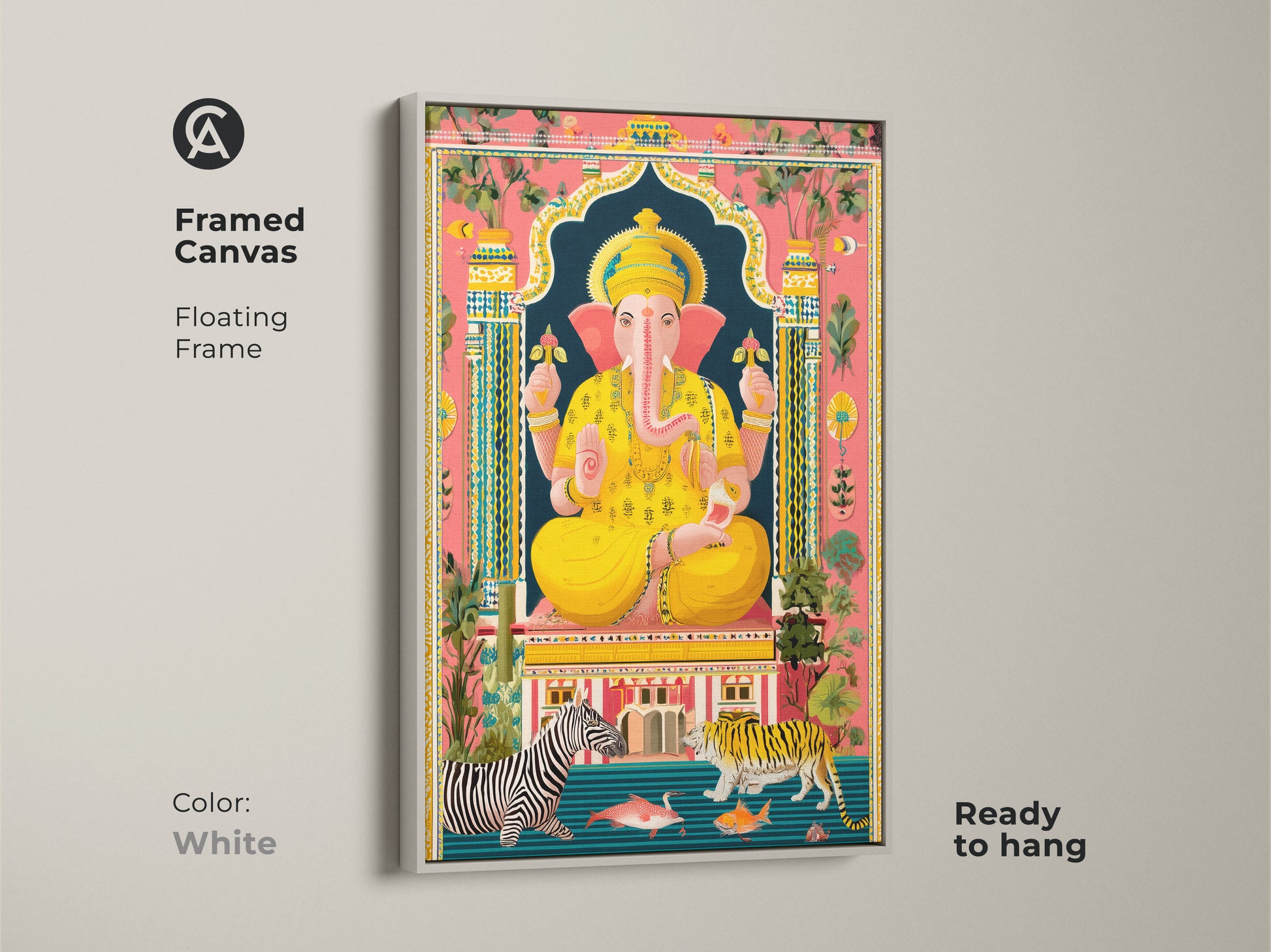 Framed Canvas with white floating frame Spiritual Ganesha. It features a blend of Boho Folk art style. The artwork incorporates elements like tigers zebras adding a worldly charm. Perfect as housewarming gift religious home decor