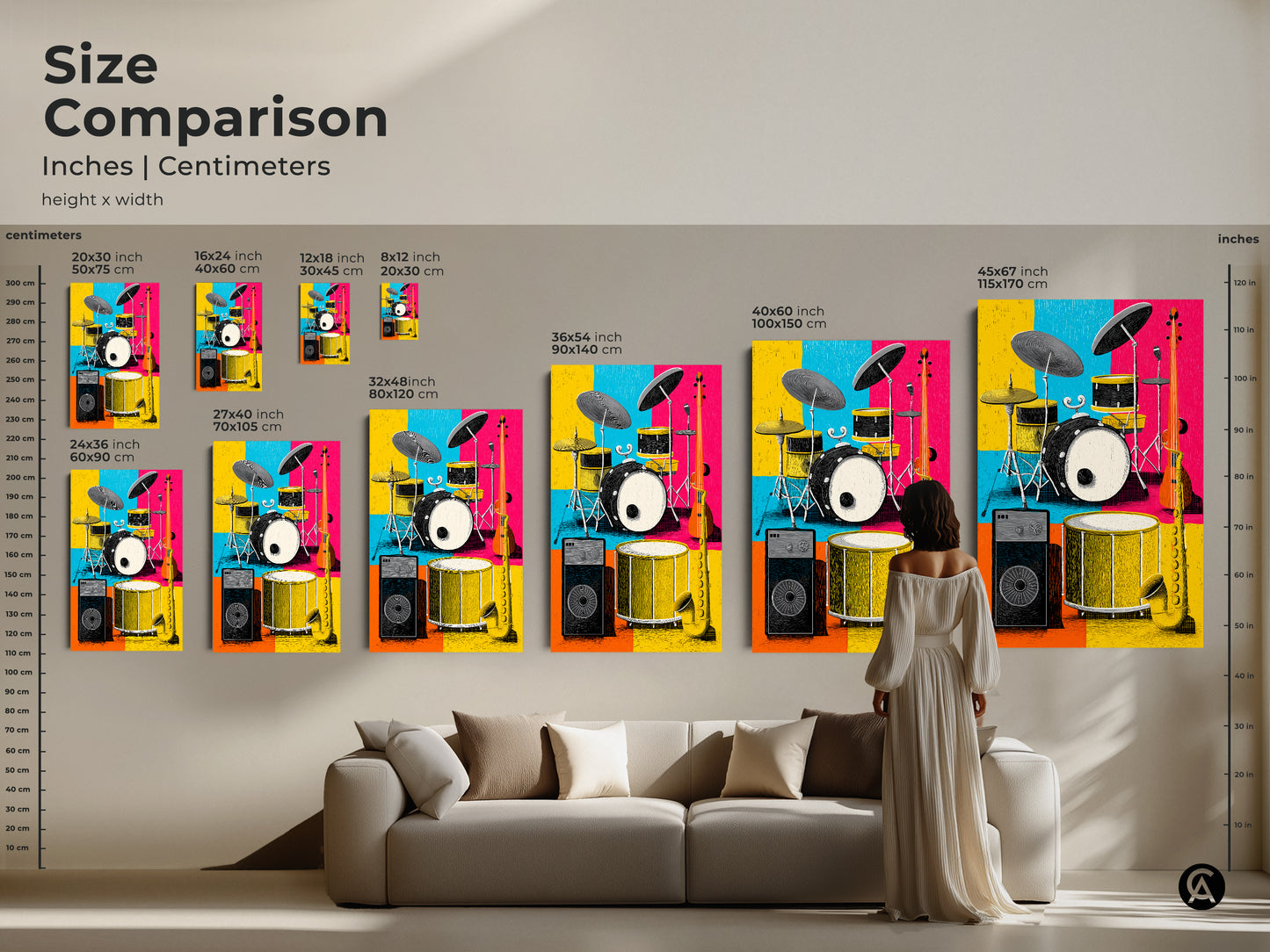 Compare sizes of this colorful music room artwork featuring a drum set saxophone guitar and amp. Visualize how each print size fits in your space. Choose from various dimensions in inches and centimeters to create the perfect wall art display.