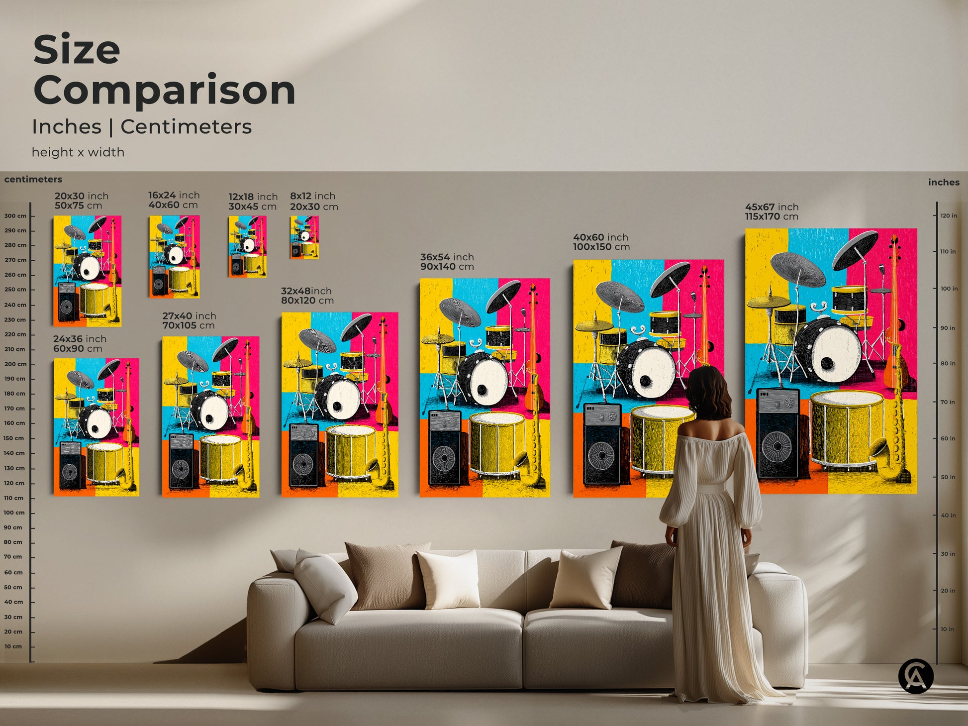Compare sizes of this colorful music room artwork featuring a drum set saxophone guitar and amp. Visualize how each print size fits in your space. Choose from various dimensions in inches and centimeters to create the perfect wall art display.