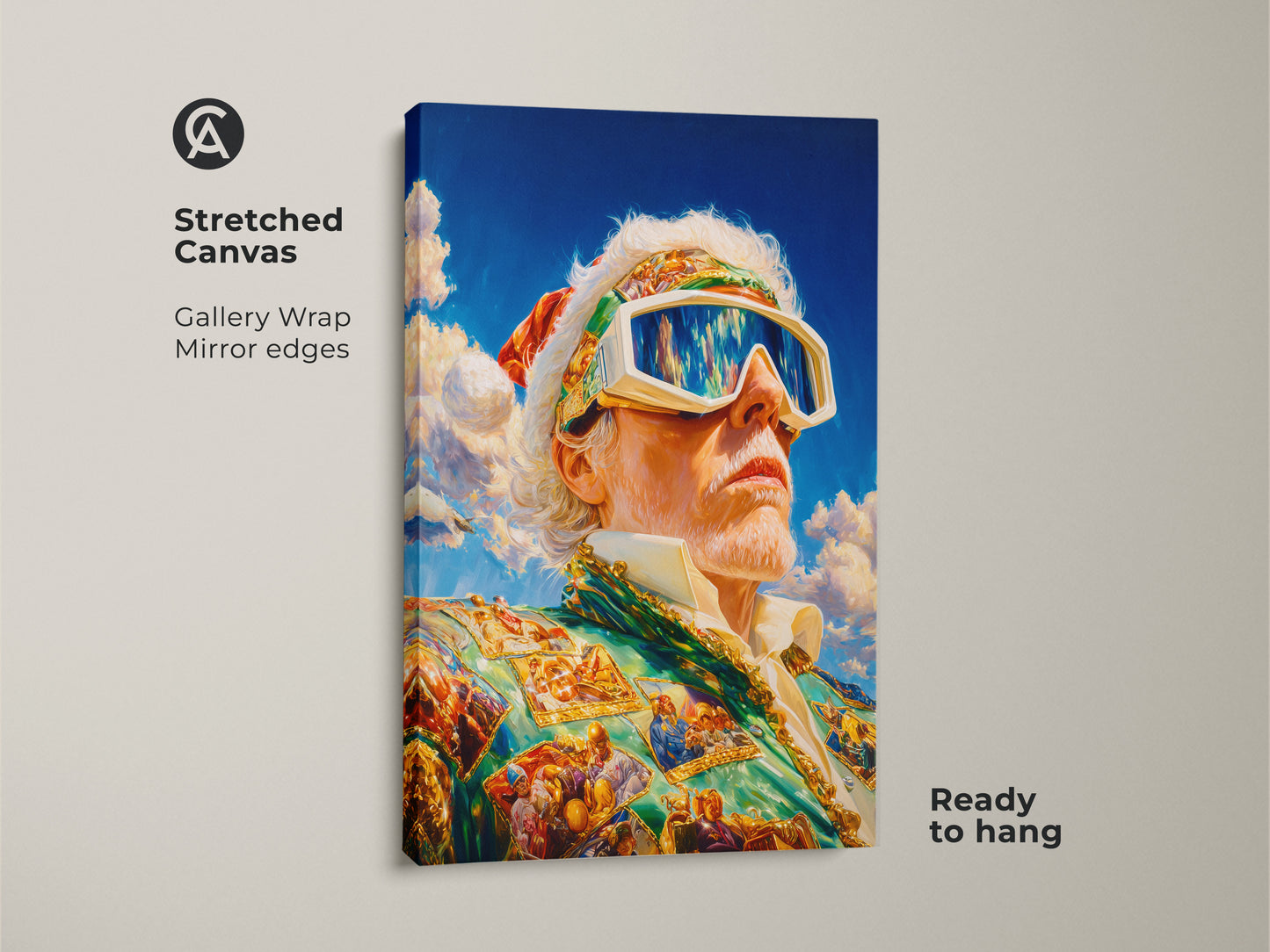 Stretched canvas art showcases a man in goggles and a suit. The gallery wrap provides a modern look. Mirror edges enhance the art's depth. It is ready to hang. A great addition to contemporary art collections. Buy this unique canvas art today.