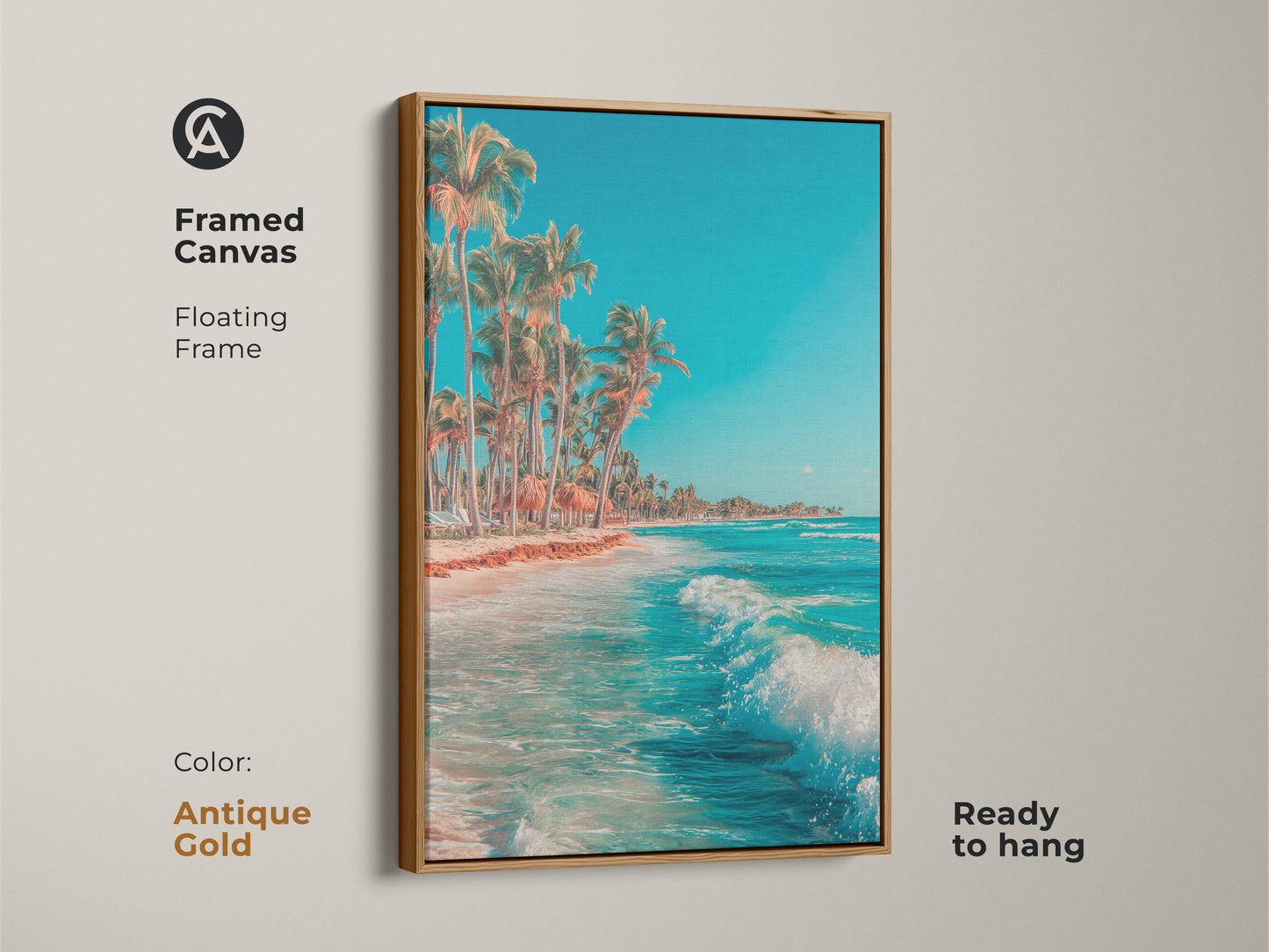 Framed canvas print with a floating frame in antique gold. Tropical beach art featuring ocean waves and palm trees. This ready to hang artwork brings a touch of luxury to your walls. The Canvas is Ready to hang.