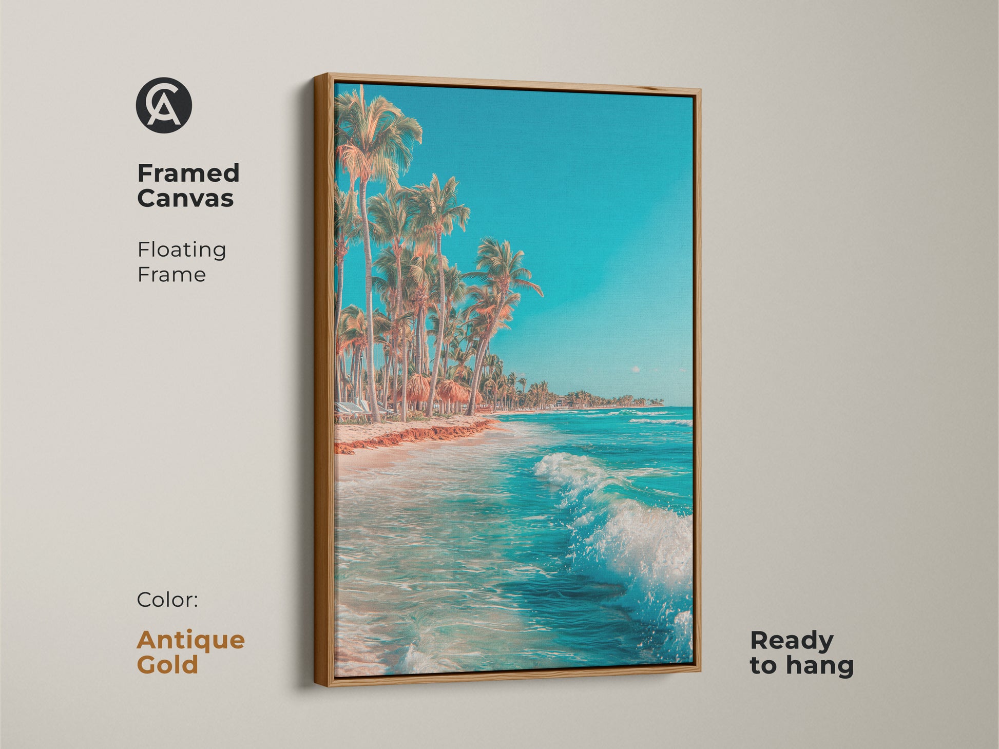 Framed canvas print with a floating frame in antique gold. Tropical beach art featuring ocean waves and palm trees. This ready to hang artwork brings a touch of luxury to your walls. The Canvas is Ready to hang.