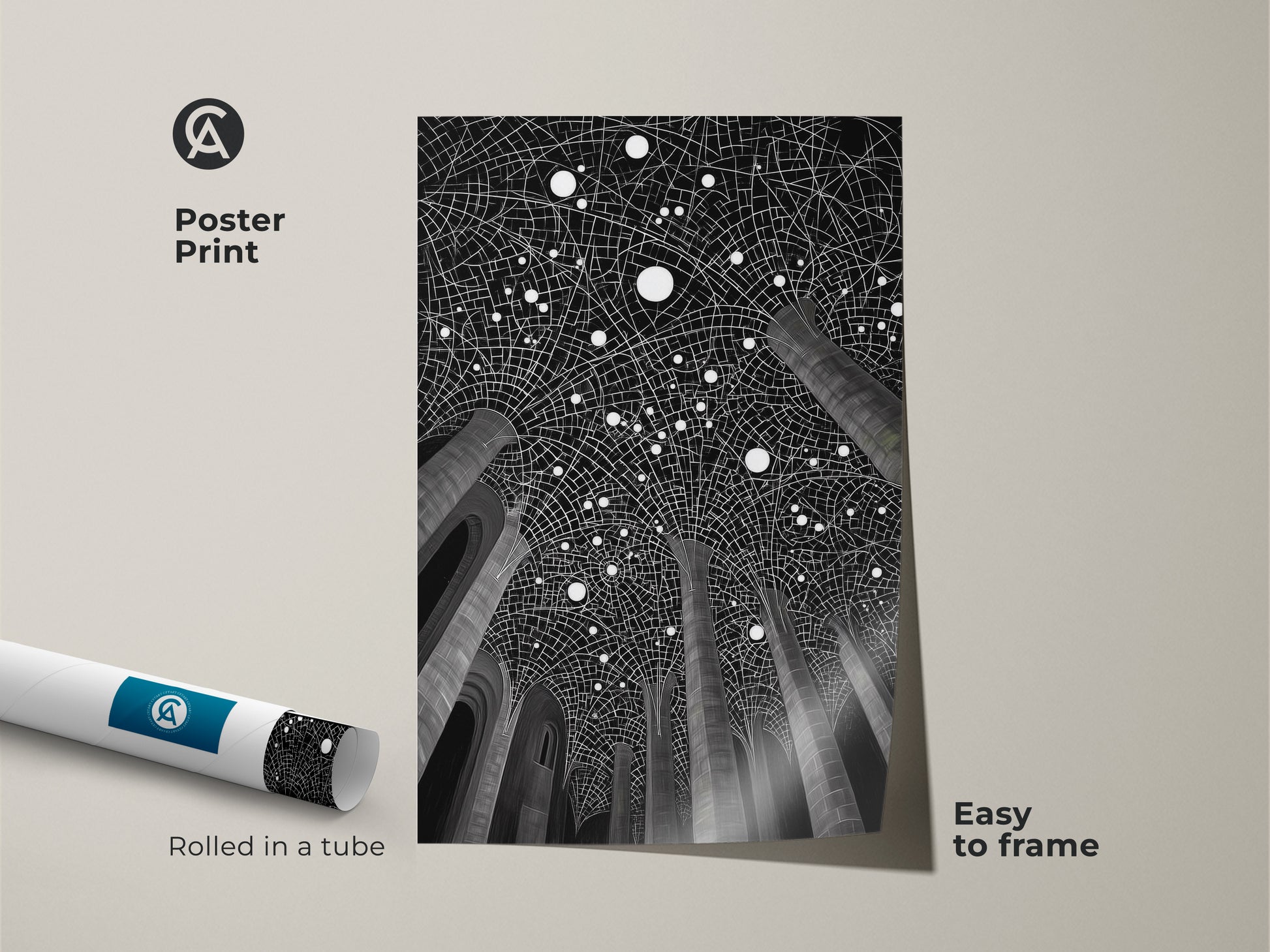 Poster print of minimalist black white art. Showcasing geometric architecture. Ideal for adding contemporary art to any space. Easy to frame for office or home decor. Rolled in a tube for protection.