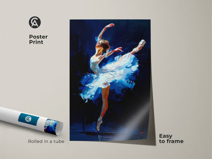Poster print of a ballet dancer painting. This museum-quality paper captures the art's beauty. It is easy to frame and display. This artwork is a stunning focal point for any room.