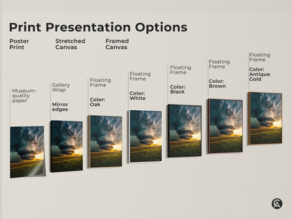 Print presentation options showcasing a dramatic tornado storm art. It includes a poster print a stretched canvas and a framed canvas. This modern nature artwork is available with museum quality paper gallery wrap and floating frames in black brown oak white or antique gold.