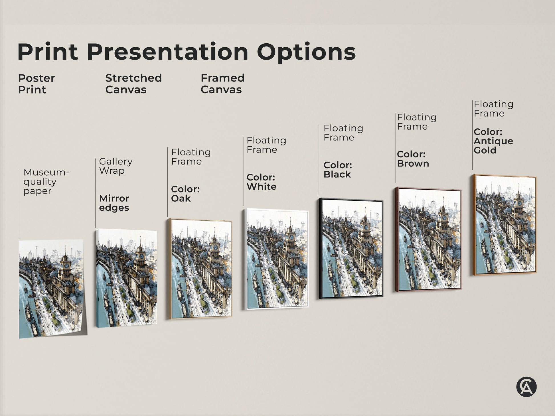 Explore print presentation options poster print stretched canvas and framed canvas. Showcasing museum-quality edges gallery wrap and floating frame options in oak white black brown and antique gold. Featuring a cityscape sketch with a riverfront and clock tower perfect for any space.