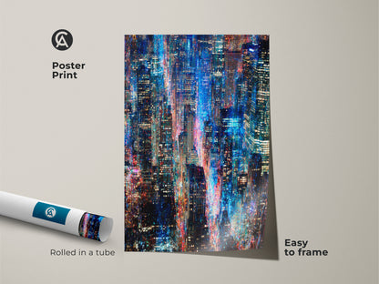 Add a touch of urban flair to your space with this eye-catching poster print. This artwork features a vibrant cityscape at night. The blue and red lights create a mesmerizing visual. It's easy to frame and perfect for any room. Rolled in a tube for safe delivery.