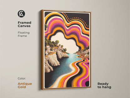 Antique Gold Framed Canvas showcasing Purple Orange Abstract Waves Artwork a Retro Coastal Town. This Boho Landscape Wall Decor features a Psychedelic Travel scene. The artwork is ready to hang adding coastal vibes to your home decor.