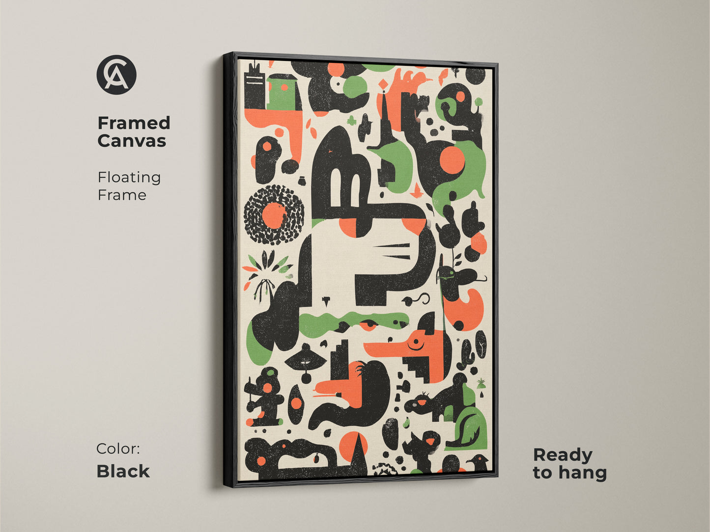 Black Framed Canvas Print of Abstract Geometric Artwork. This Mid-Century Modern art features an Orange Green Black Animal Motif. Ready to hang with a floating frame. Ideal for office or home decor adding a retro touch.
