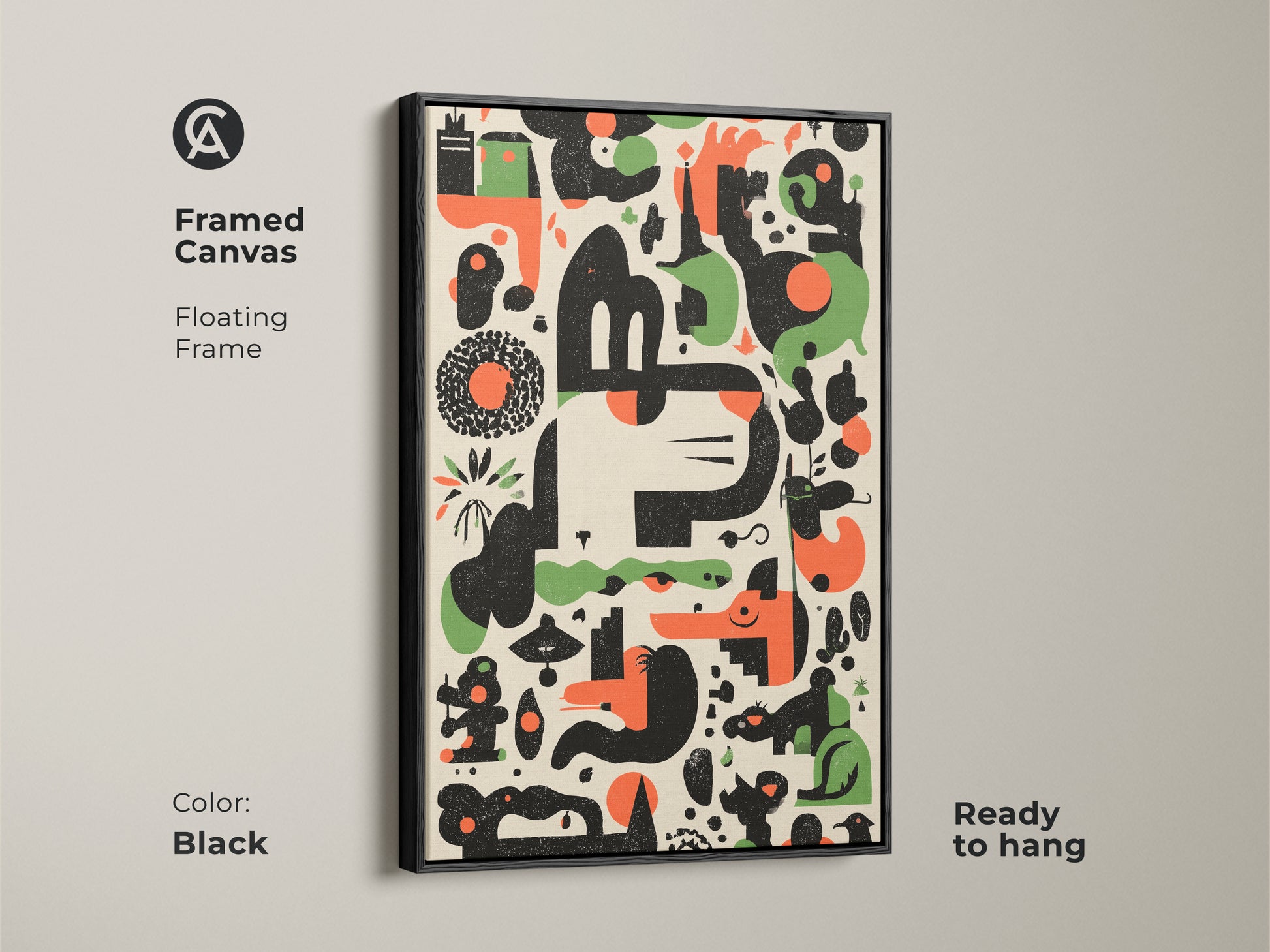 Black Framed Canvas Print of Abstract Geometric Artwork. This Mid-Century Modern art features an Orange Green Black Animal Motif. Ready to hang with a floating frame. Ideal for office or home decor adding a retro touch.