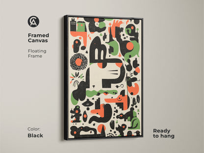 Black Framed Canvas Print of Abstract Geometric Artwork. This Mid-Century Modern art features an Orange Green Black Animal Motif. Ready to hang with a floating frame. Ideal for office or home decor adding a retro touch.