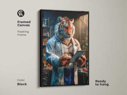 Framed canvas featuring tiger doctor art with a black floating frame. The artwork is ready to hang. This unique tiger art is perfect for doctors offices. The tiger is wearing a stethoscope
