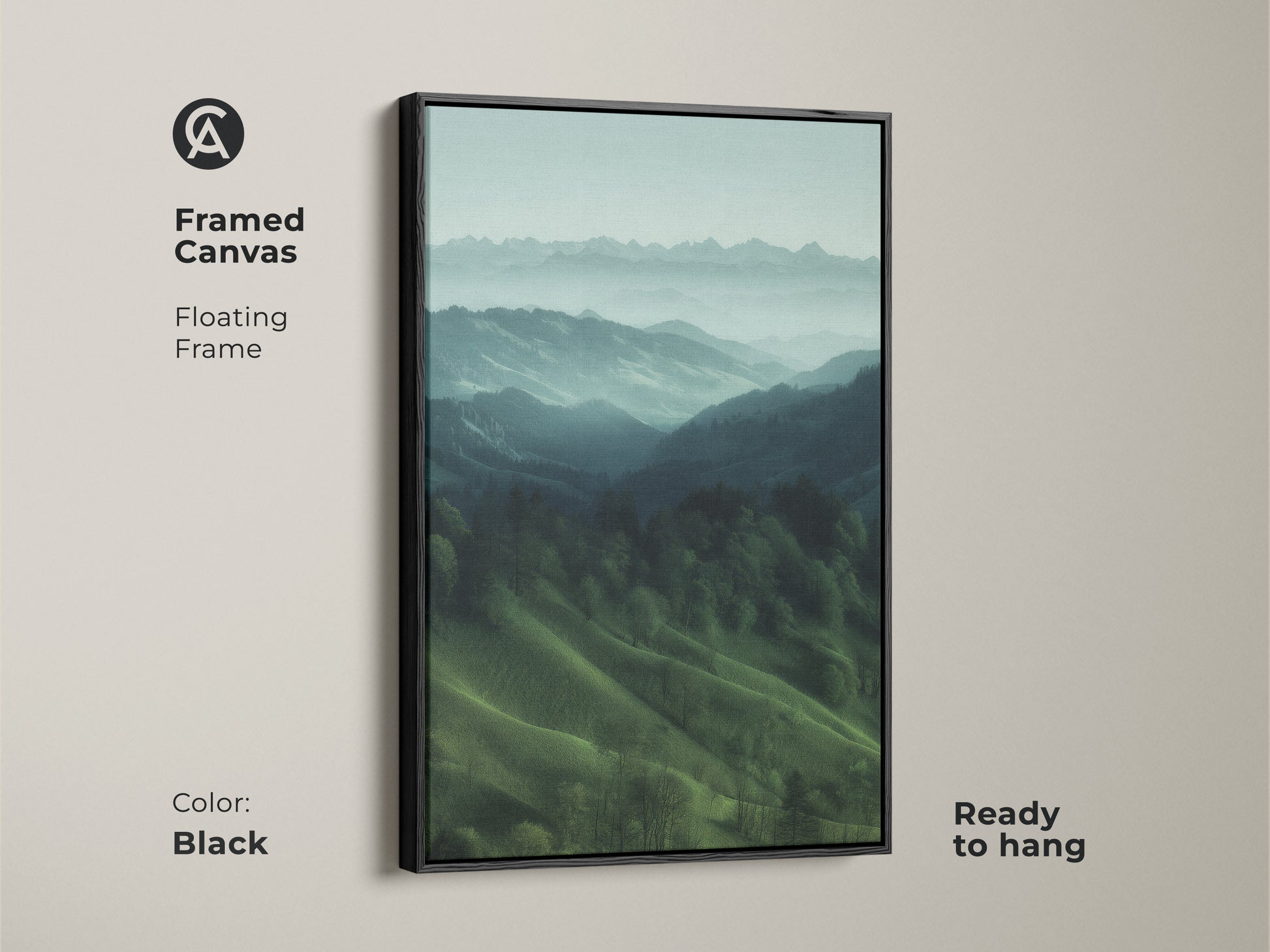 Black framed canvas featuring a misty mountain landscape. Floating frame showcases this teal green nature artwork. Ready to hang this modern farmhouse bedroom decor. Ideal housewarming gift for hiker and outdoor lovers. Calming forest view art.