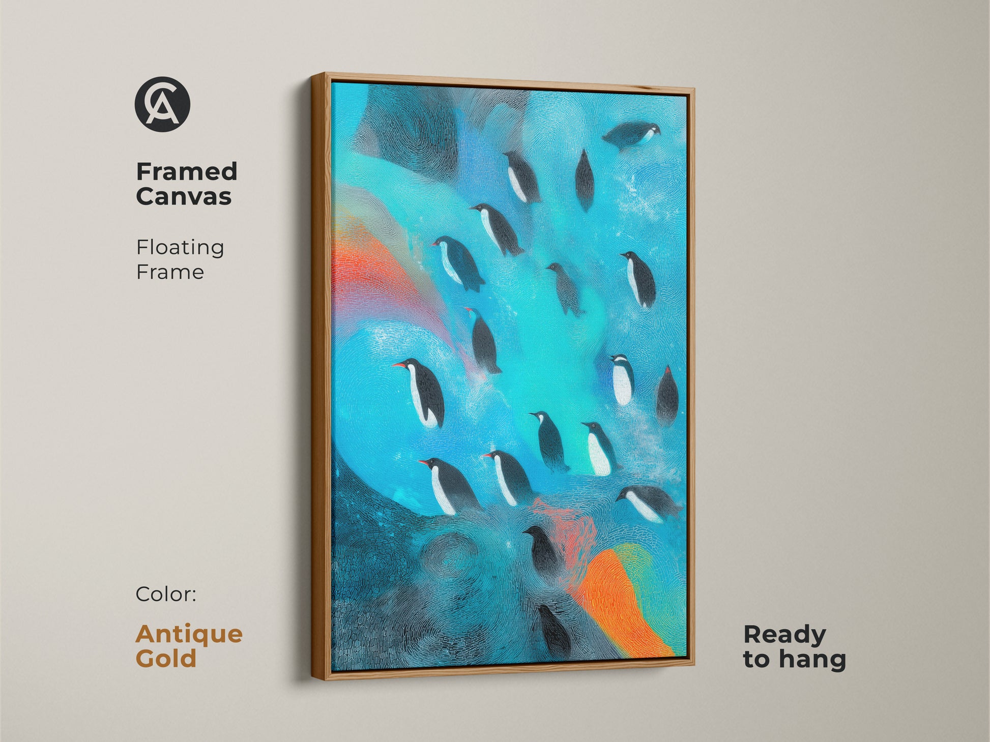 Framed canvas featuring abstract penguin artwork. The floating frame is antique gold. The contemporary teal and orange artwork enhances any room. This animal themed piece is ready to hang. Ideal for eclectic decor.