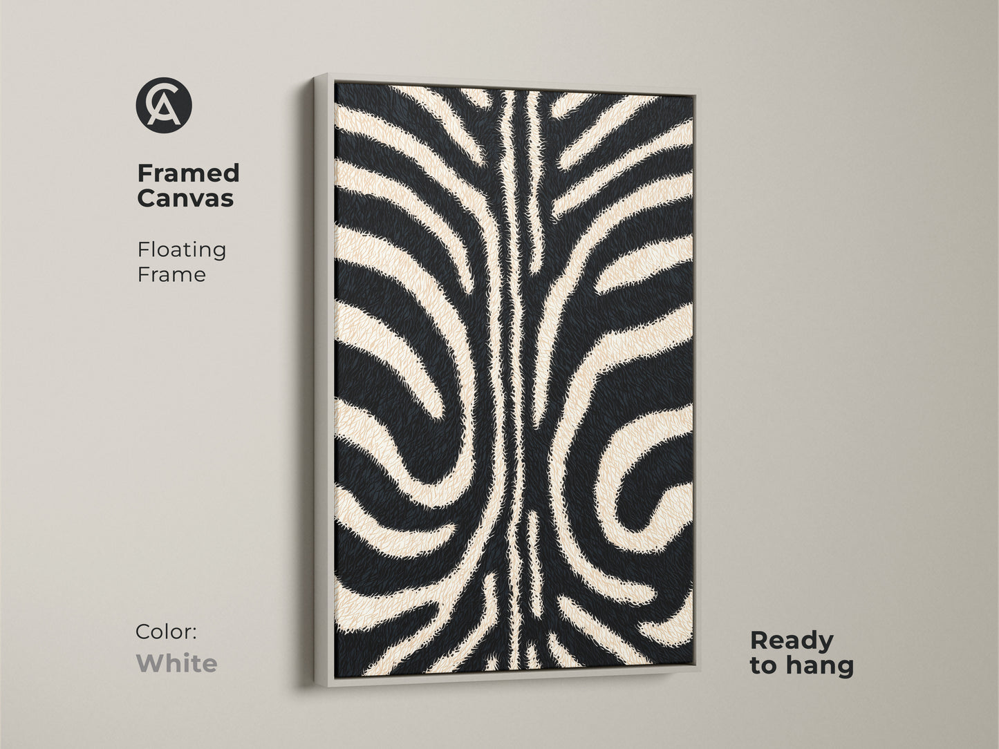 Framed canvas featuring a white floating frame. This modern zebra art print is clean and simple. The minimalist animal canvas art complements any color scheme. Ready to hang in your home.