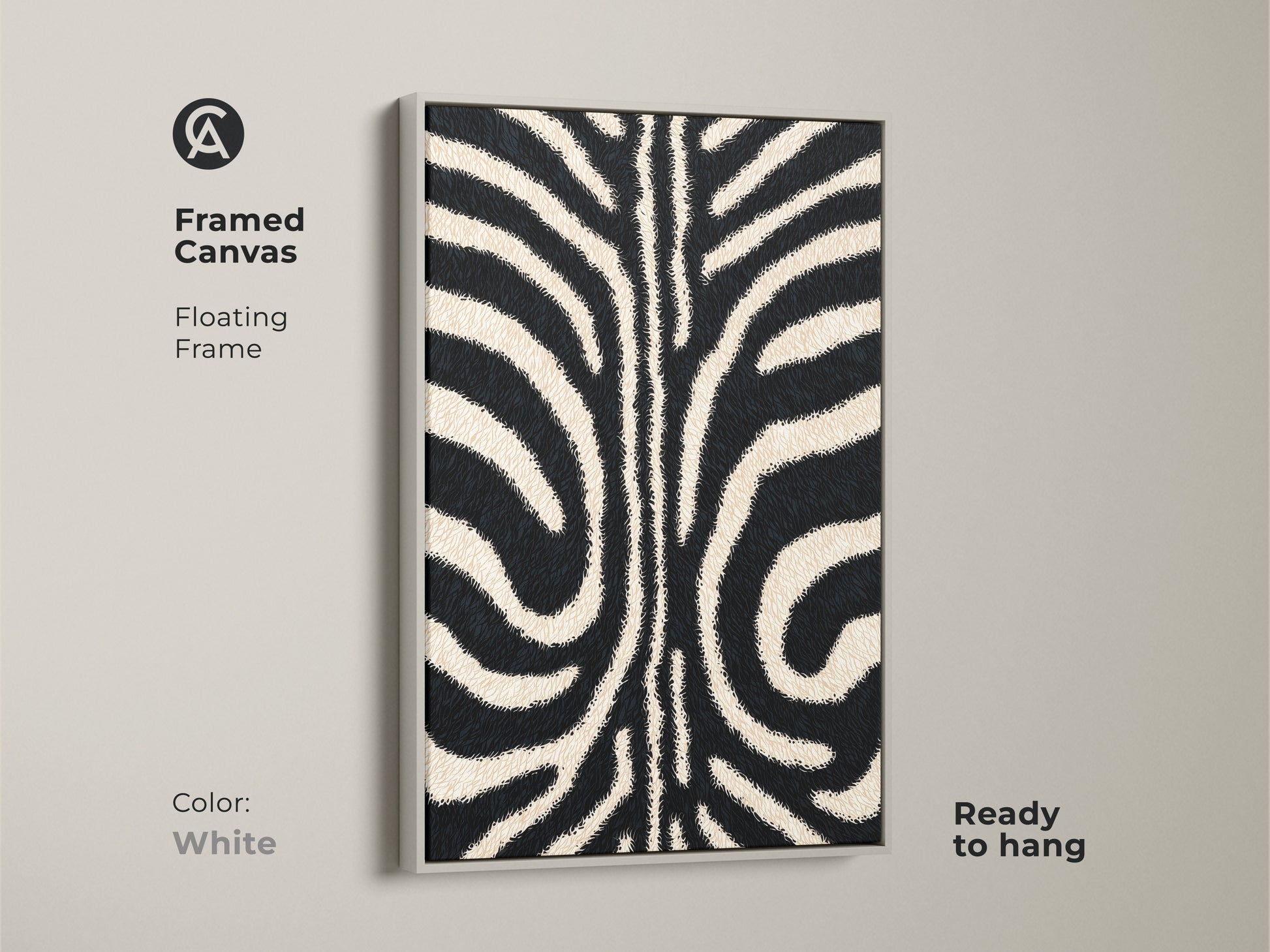 Framed canvas featuring a white floating frame. This modern zebra art print is clean and simple. The minimalist animal canvas art complements any color scheme. Ready to hang in your home.