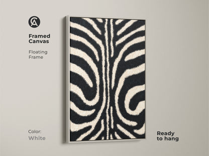 Framed canvas featuring a white floating frame. This modern zebra art print is clean and simple. The minimalist animal canvas art complements any color scheme. Ready to hang in your home.