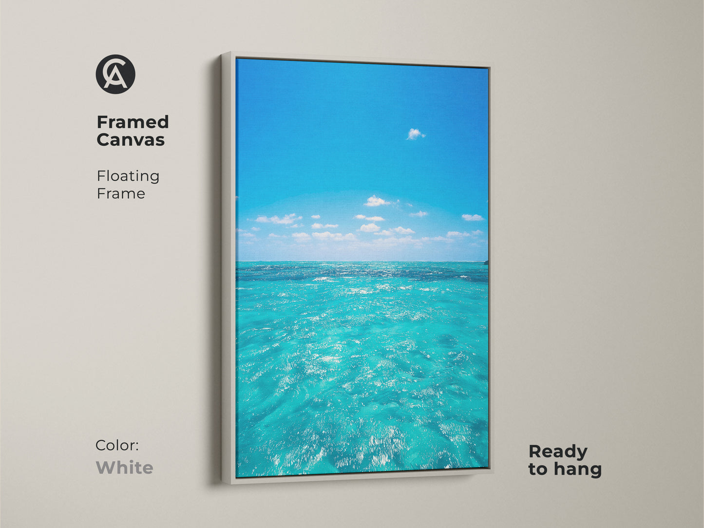 Framed canvas art of turquoise ocean waves with a white floating frame. Coastal beach house wall art featuring a realistic seascape. This blue water sky landscape painting enhances any room with seaside nature.