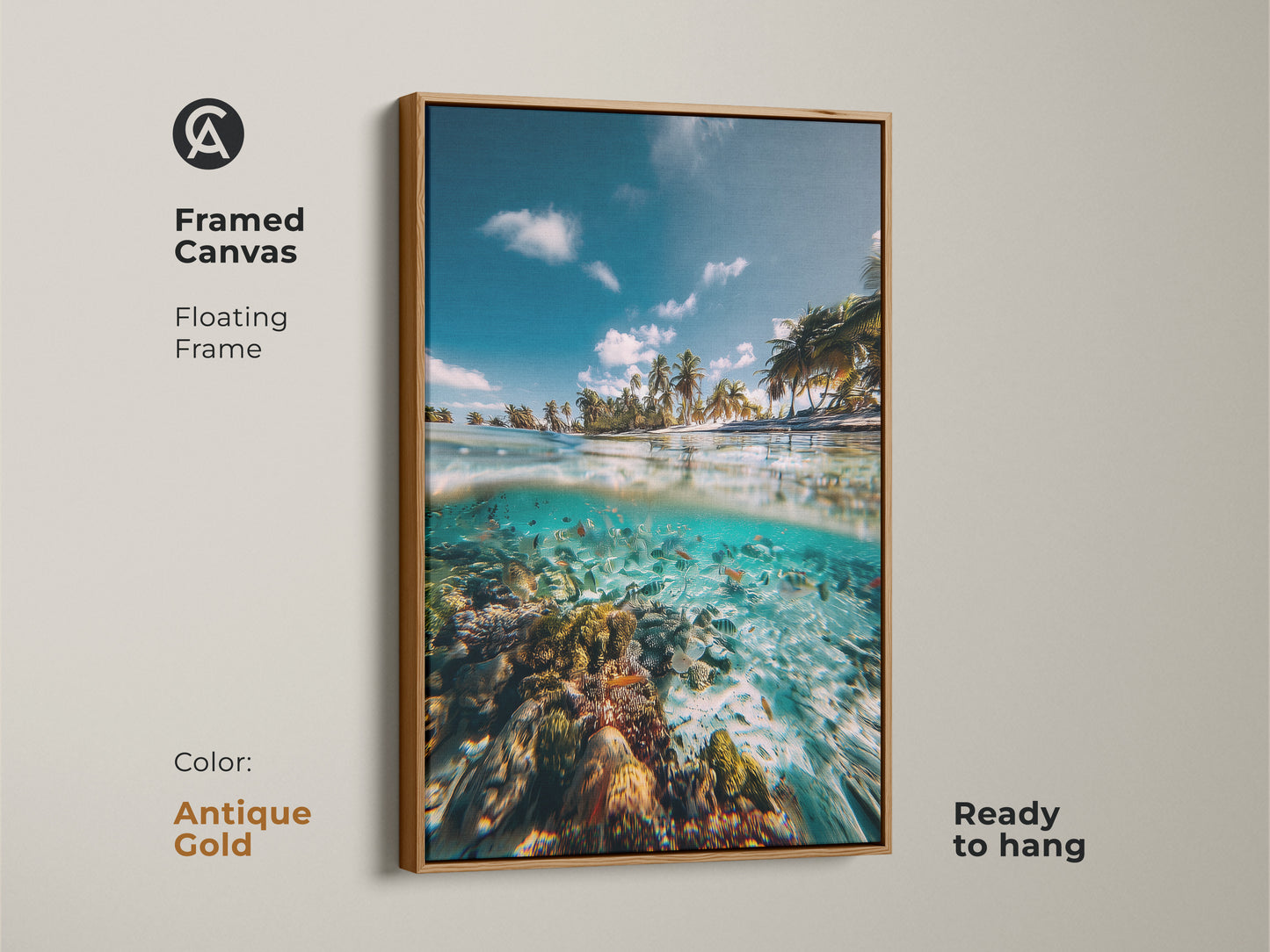 Antique gold framed canvas art of a split view ocean scene. A tropical beach meets a coral reef with a school of fish. Stunning coastal art ready to hang.