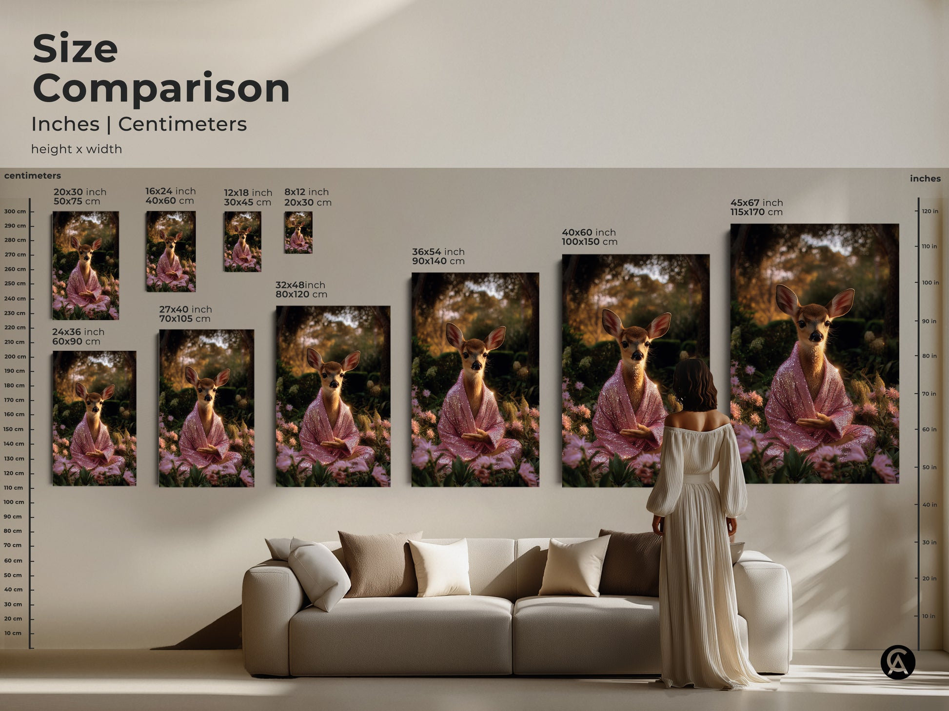 Size comparison of meditating deer art in inches and centimeters. Various sizes displayed above a sofa. This pink sequin robe fawn print is boho spiritual decor. A yoga meditation gift art for any space.