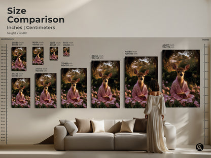 Size comparison of meditating deer art in inches and centimeters. Various sizes displayed above a sofa. This pink sequin robe fawn print is boho spiritual decor. A yoga meditation gift art for any space.