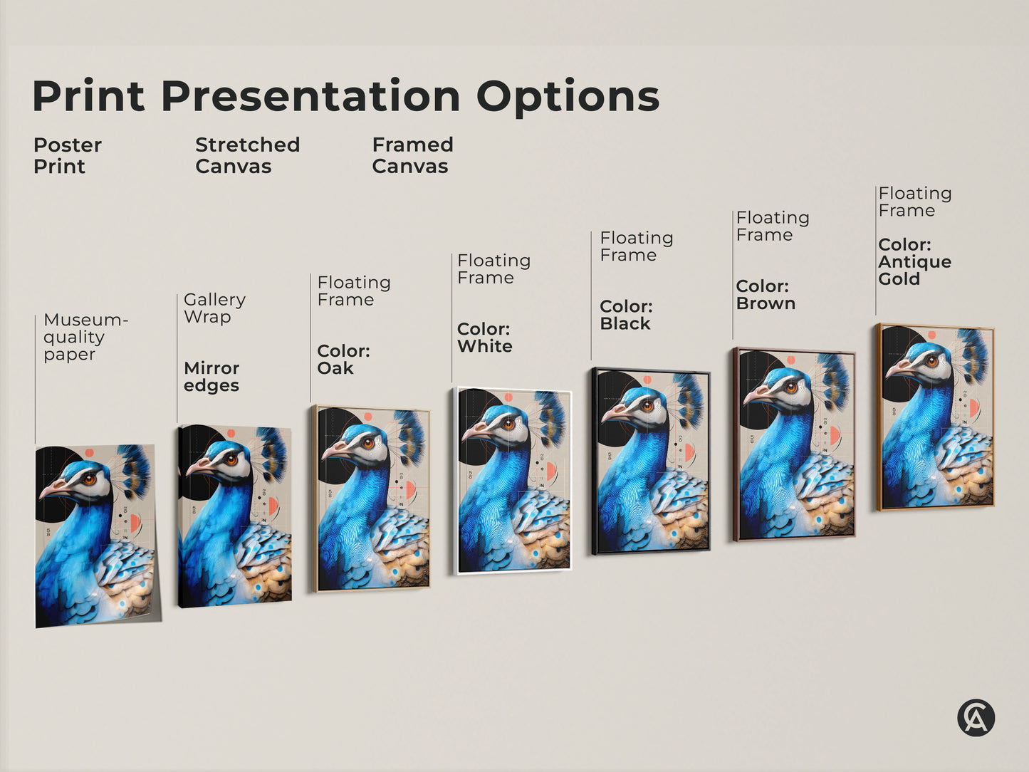 Print presentation options for the blue teal peacock artwork. Choices include poster prints stretched canvas prints and framed canvas prints. There are multiple frame color options.