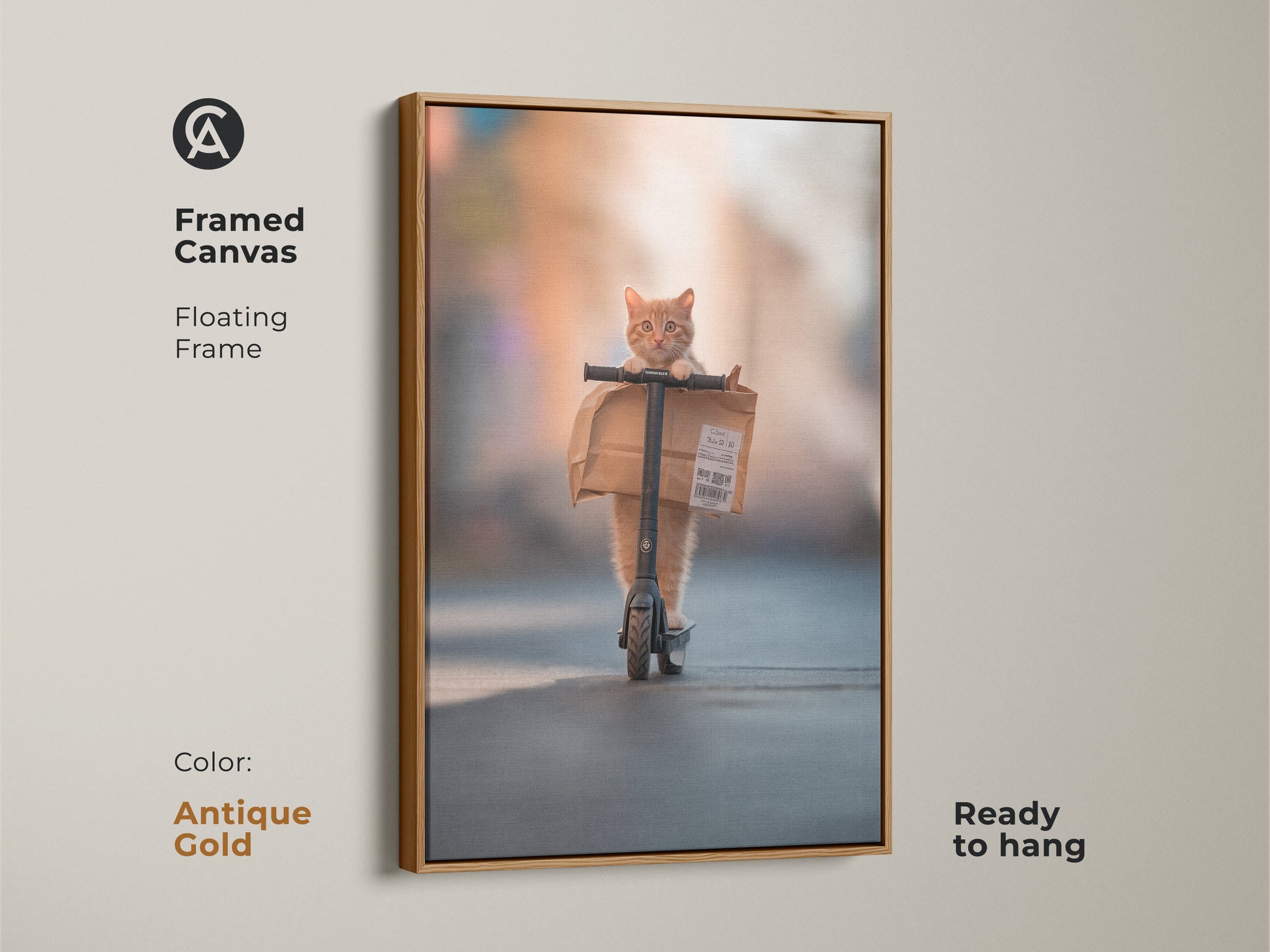 Framed canvas artwork shows a ginger cat on a scooter. The floating frame has an antique gold finish and is ready to hang. This digital artwork adds a touch of elegance and playfulness to your space. Its a unique blend of modern art and classic charm.