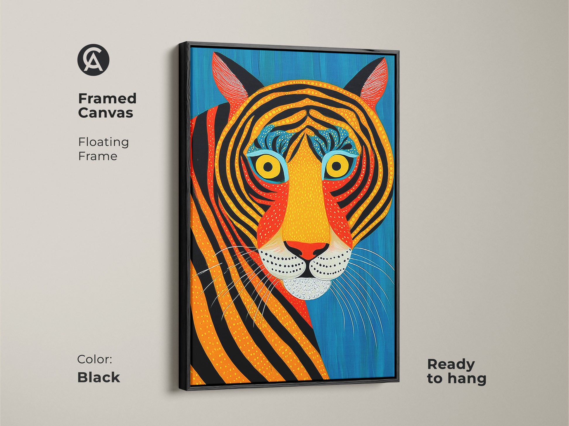 Framed canvas art featuring an abstract tiger with a floating black frame. Ready to hang this wildlife art print adds a touch of eclectic style to any space. Perfect gift for animal lovers and those seeking unique decor.
