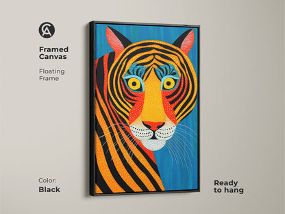 Framed canvas art featuring an abstract tiger with a floating black frame. Ready to hang this wildlife art print adds a touch of eclectic style to any space. Perfect gift for animal lovers and those seeking unique decor.