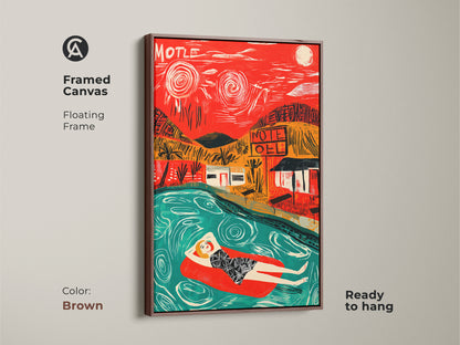 Brown framed canvas art showcasing a woman in a pool with a motel backdrop. The floating frame adds depth and elegance to the artwork. This ready-to-hang piece brings a vintage aesthetic to your space.